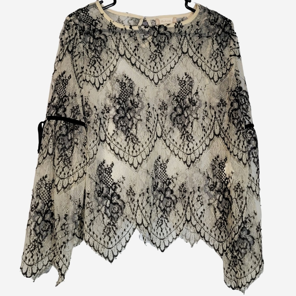 ALTAR'D STATE Cream & Black Floral Lace Bell Sleeve Blouse With Velvet Ties